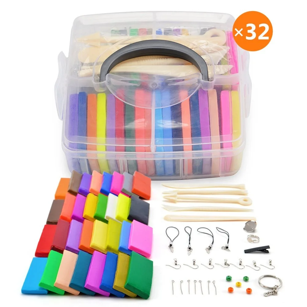 TOYARC0004 Polymer Clay Kit,32 Colors Non-Toxic DIY Soft Modeling Clay Oven Bake Starter Kit with 5 Sculpting Tools and Jewelry