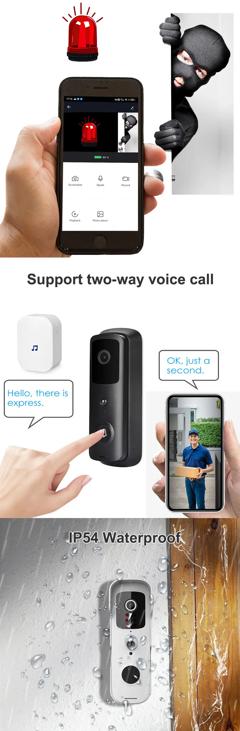 Tuya smart pir motion sensor 2-way audio wireless video doorbell 1080 free cloud Storage wifi visual ring door bell camera