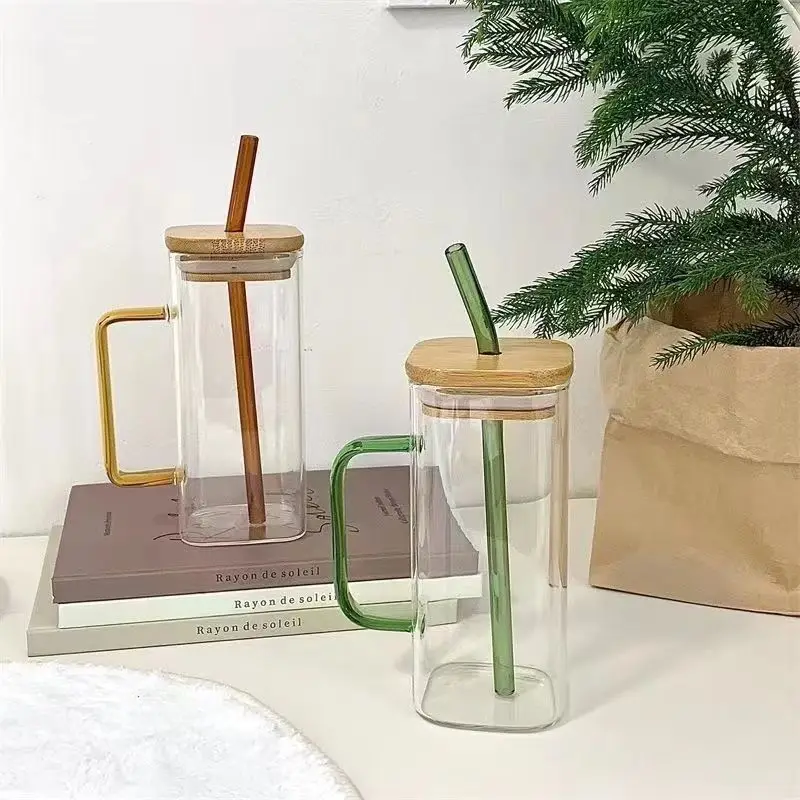 Hot Selling Square Clear Blank Glass Mugs With Lid and Straw Colorful Handle Cup for Coffee Ice Water