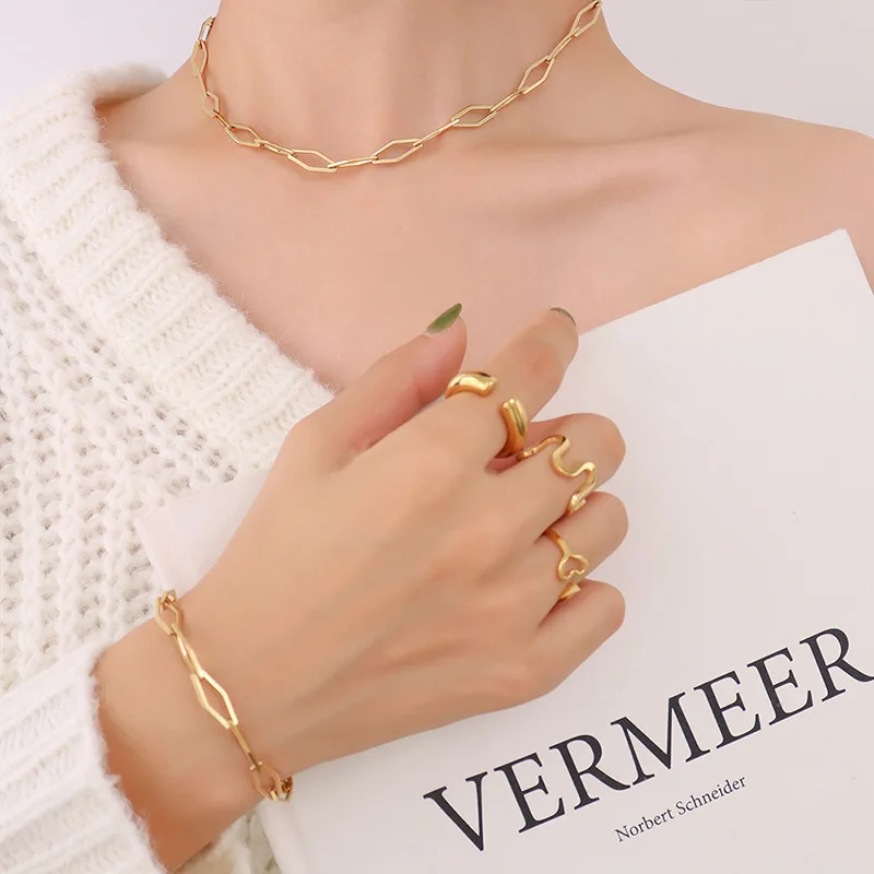 European Hip-hop Trendy Geometric Elements Stacked Simple Bare Chain Titanium Steel Plated 18k Gold Bracelet Necklace Set