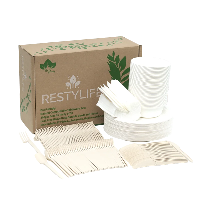 Cheap Price Wholesale 300pcs Tableware Set Compostable Sugarcane Bagasse Cutlery for Party and Go Out Picnic with Plates Bowls