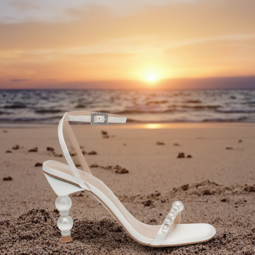 Sole Customization Elegant White Open Toe Bridal Sandals High Quality Soft Leather with Pearl Heel Ankle Strap Summer Weddings