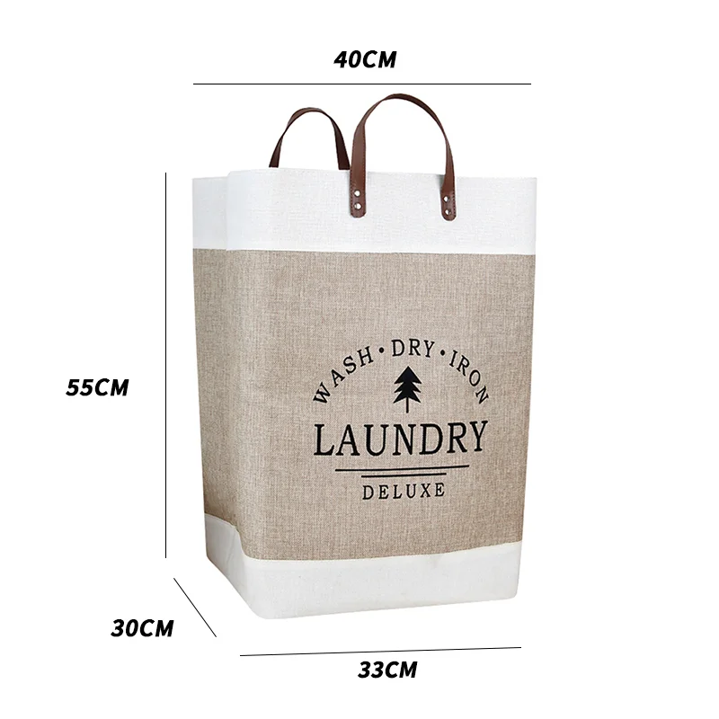 Hot Ins Linen Fabric Dirty Clothes Storage Basket with Leather Handle Bathroom Clothes Hamper Washable Foldable Laundry Basket