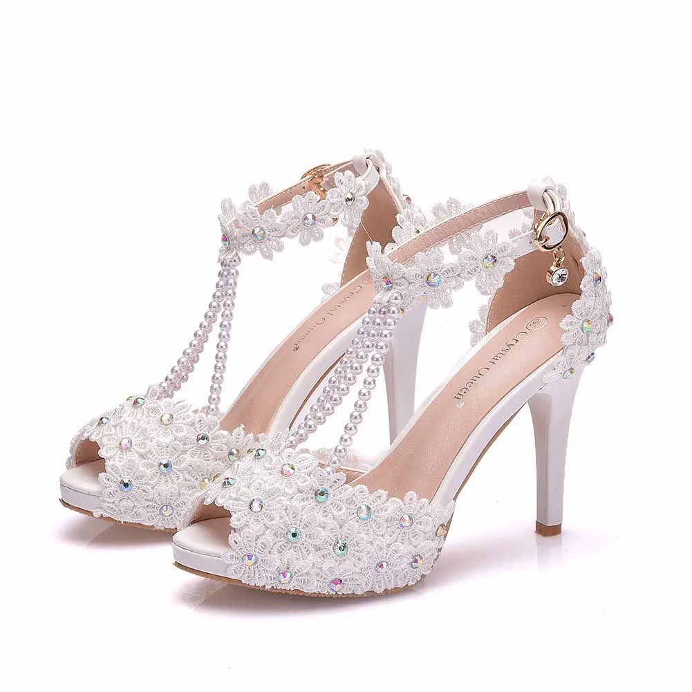 Ladies Heels White Wedding for Bride Shoes With Flower Lace Weddings Sandals Women