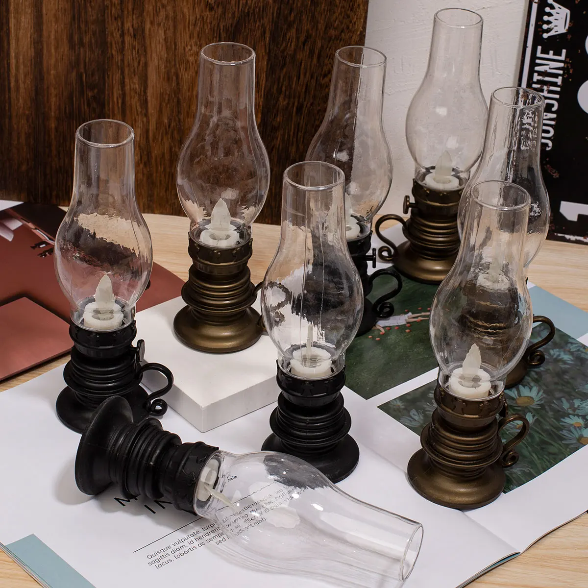 Kerosene Lamp LED Light Flash Dancing Flame Pillar Pattern Led Candle Home Outdoor Decorative Lighting Flameless Battery Powered
