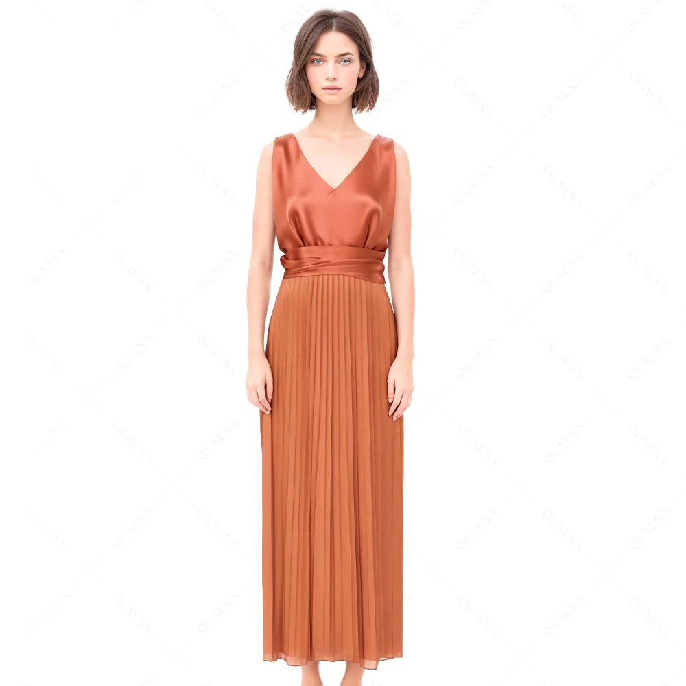 Pleated Silk Maxi Dress Satin Slip Sleeveless Backless Maxi Dress Women Ladies Dresses With Belt