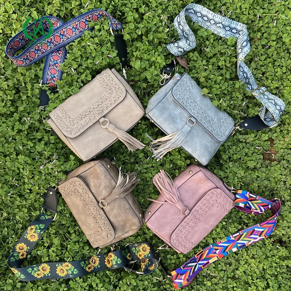 Monogrammed Whipstitch Flapover Crossbody Bag Rainbow Sunflower Belt Strap Tassel Purse