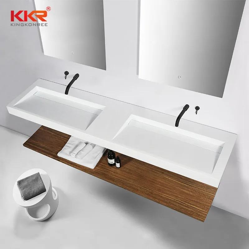 White stone bathroom vanity double sink / commercial bathroom double sinks