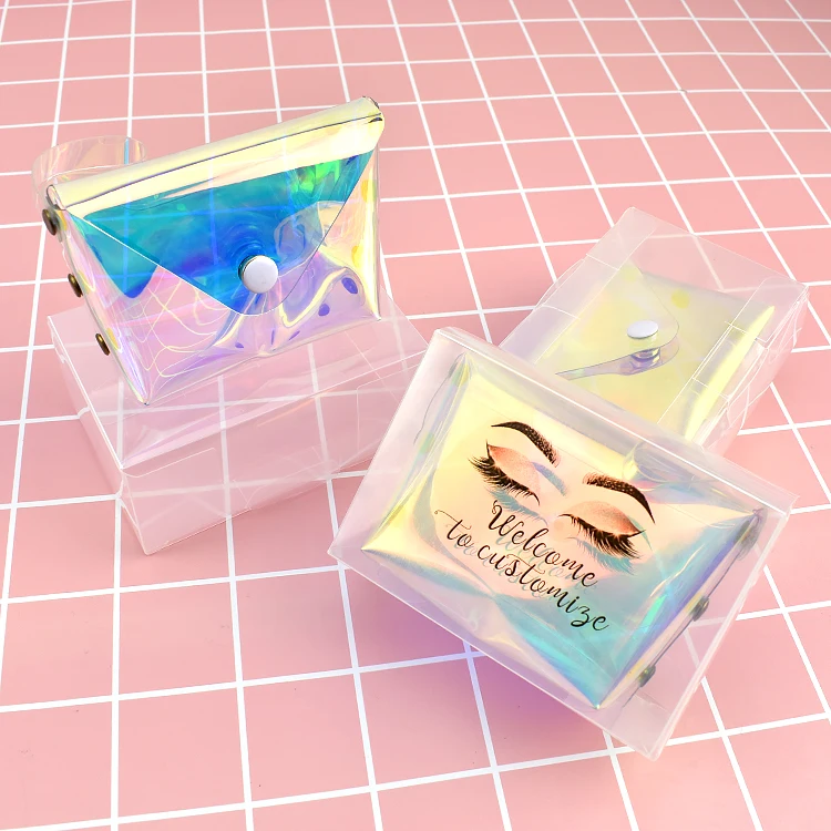 high quality luxury custom logo lash box holographic transparent jelly bag laser eyelash bag eyelash package box for makeup tool