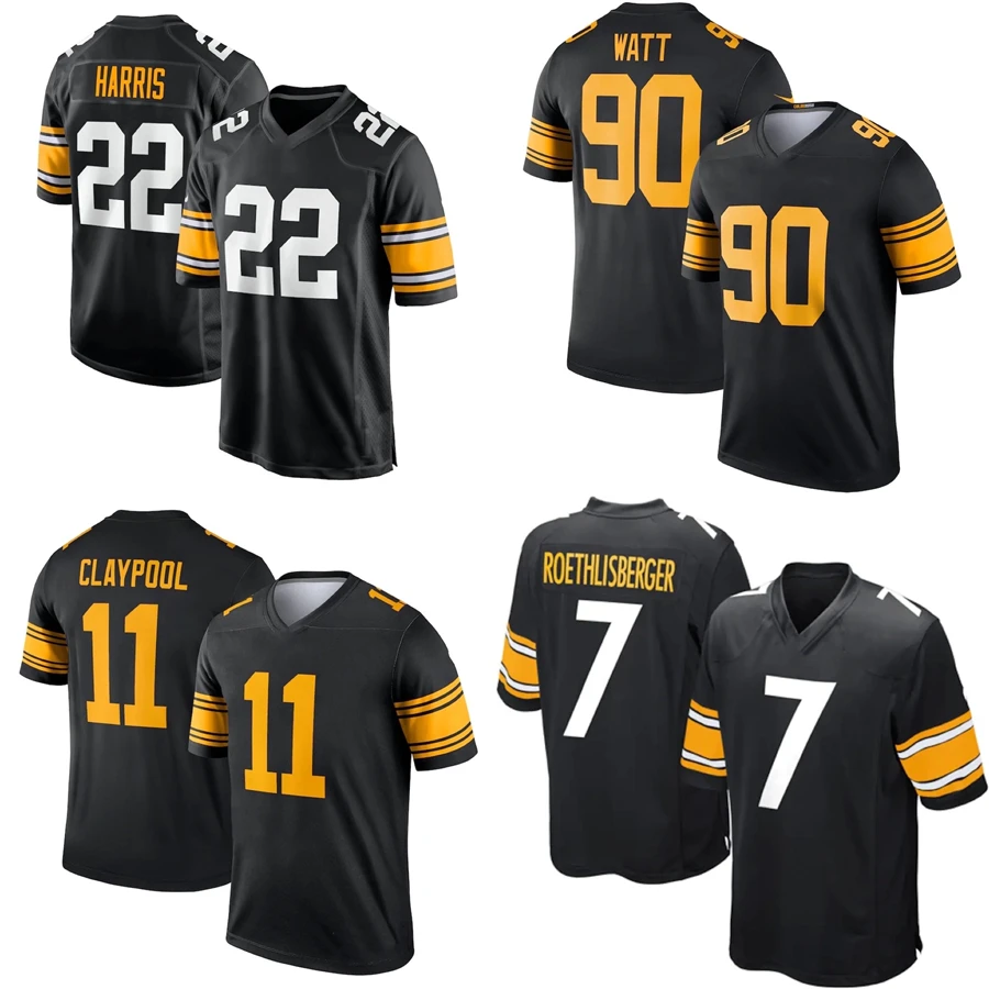 Custom Pittsburgh City Team Club Uniform Stitched American Football Jersey Steeler Black Game 22 Harris 90 Watt 11 Claypool