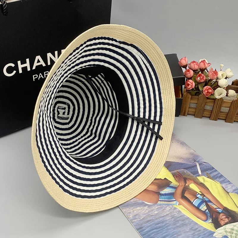 2022 new classic black and white stripes beach hat foldable wide brim Hat Summer Beach Floppy Sun Cruise Hat
