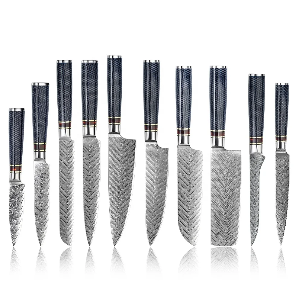 New arrival Arrow Pattern VG10  damascus steel blade kitchen chef knife set with Blue Resin Handle