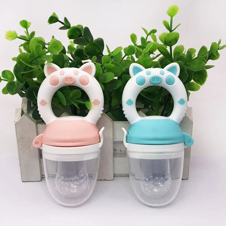 Hot Sell Small Cartoon Pig Handle Pacifier Feeder Food Grade Silicone Training Nipple Fresh Fruit Nibbler Teat Pacifier