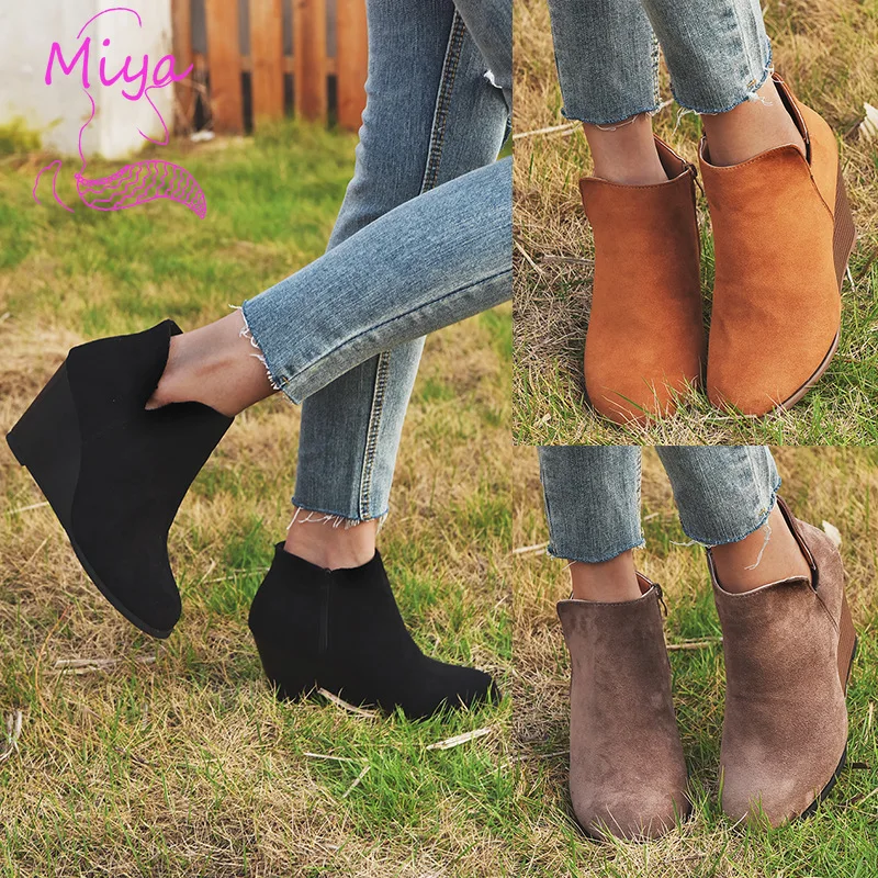 Hot Sale High Quality Fall Winter Wedge High Heel Ankle Boots for Women Suede Leather Zipper Fly Short Boots Ladies Wholesale