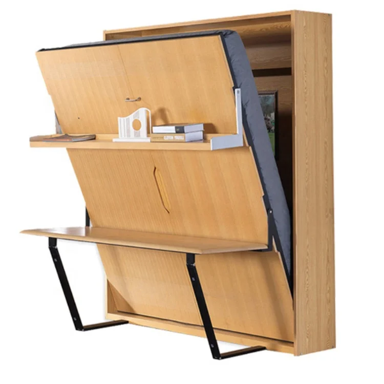 
Home furniture queen size bookshelf metal frame fold up double mounted wall bed mechanism with desk 