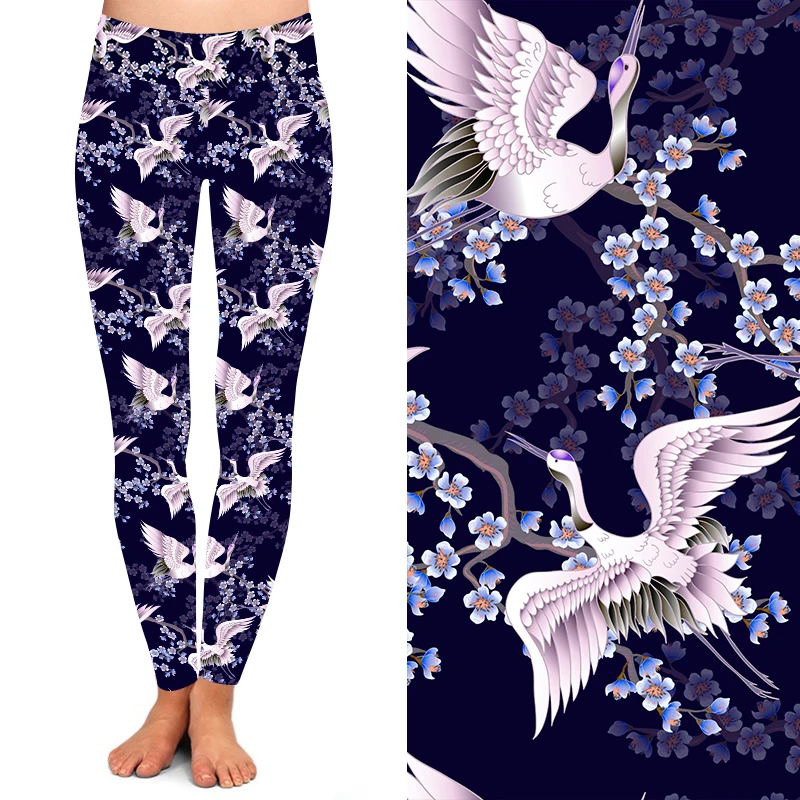 92% polyester 8% spandex 230gsm High quality Brushed super soft sakura branches and white Japanese cranes leggings