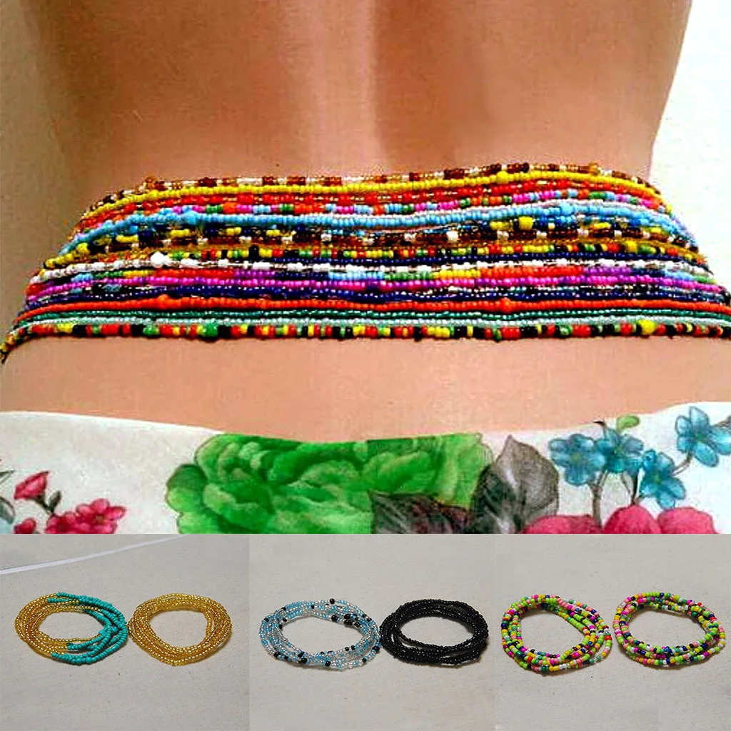 Colorful Elastic Beads Waist Chains Kits Summer Belly Beads Body Chains African Bikini Jewelry Chains for Women and Girls