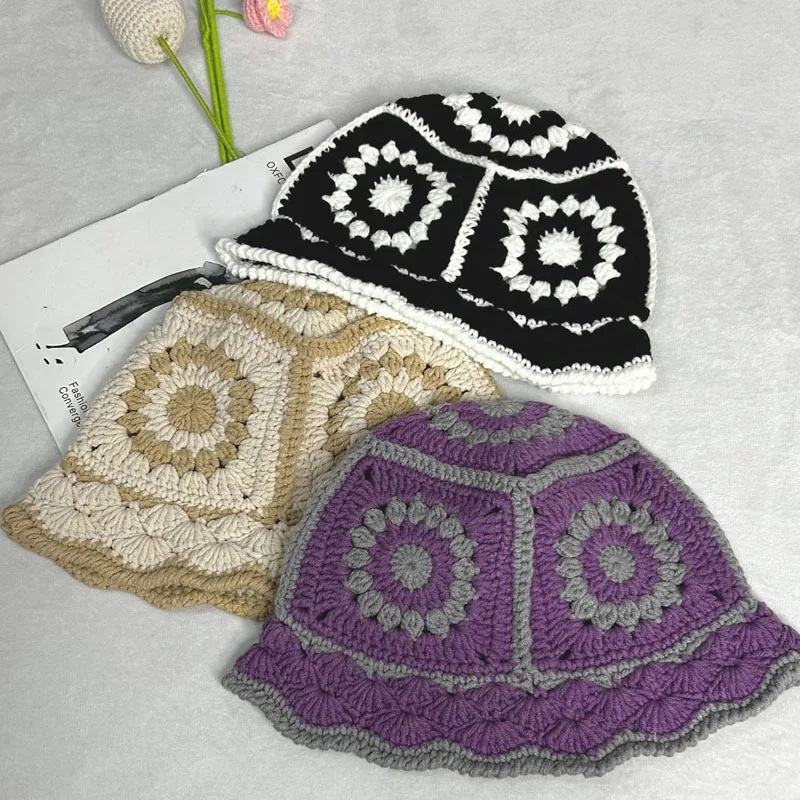 Crochet Flower Bucket Hat Women Knit Hollow Floral Floppy Cap Boho Flower Handmade Wool Beanies Outdoor Travel Fishing Hat