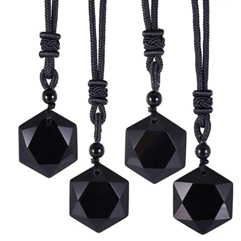 Black Obsidian Six Stars Lucky Amulet Love Natural Stone Pendant Necklace For Women Men Love Crystal Pendulum Jewelry