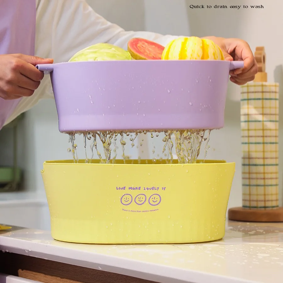 Wholesale Double Layer Plastic Kitchen Washing Fruit Vegetable washing bowl Drain Storage Baskets