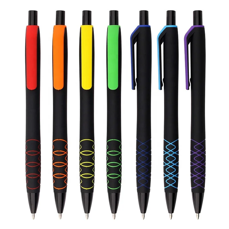 High Quality Solid Black Barrel Double Colors Clip With Colorful Lines Design Personalized Laser Ball Pen