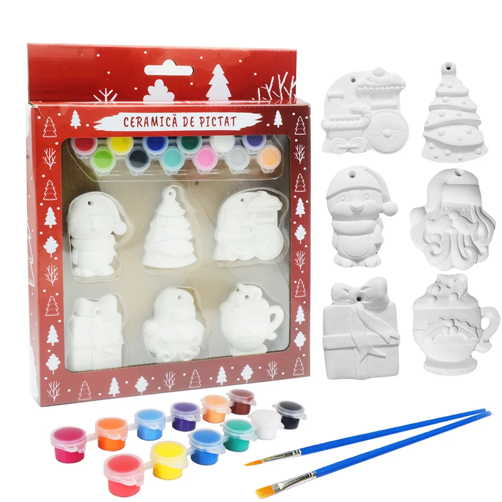 20pcs Kids DIY Painting Ceramic Christmas Ornaments Kit with 6 Figurines, 12 Paint Pots, 2 Brushes