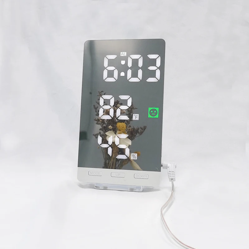 Ultra Thin Hygrometer andThermometer LED Mirror Alarm Table Wall Clock Snooze Night Mode Clock