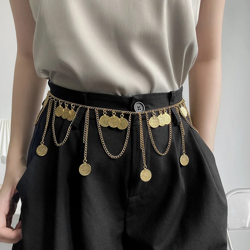 Factory Wholesale Ethnic Style Retro Alloy Coins Tassel Waist Chain Antique Skirt Accessories Belt
