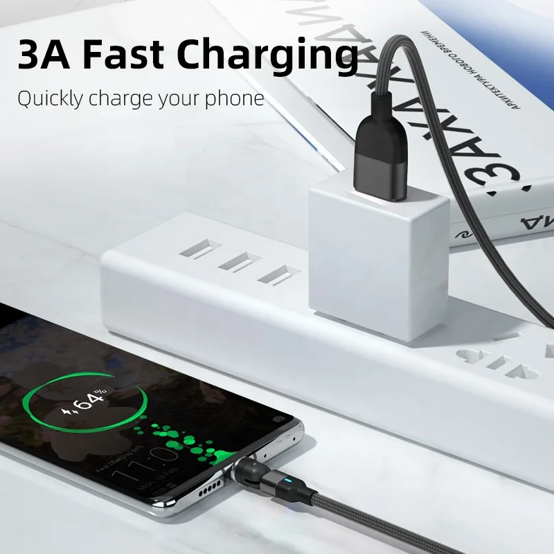 
Hot Selling 540 Degree Rotating 3A Fast Charge 3 in 1 Micro Magnetic USB Charging Data Cable For iphone 