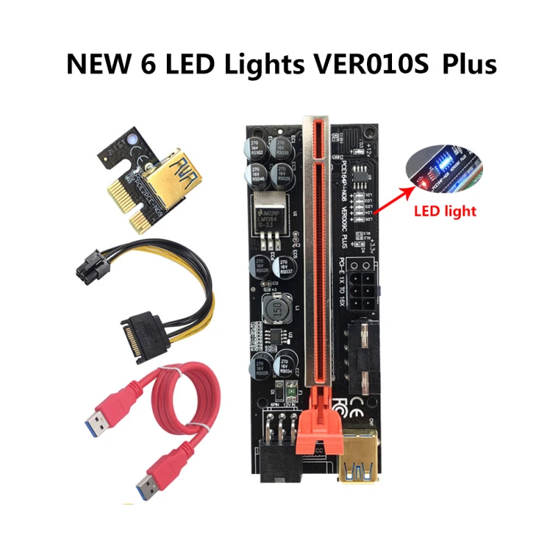 Ruicorp GPu Risers 010S Plus Card Adapter PCI-E 1X to 16x Gpu 6pin Pcie Riser Ver 010 with LED