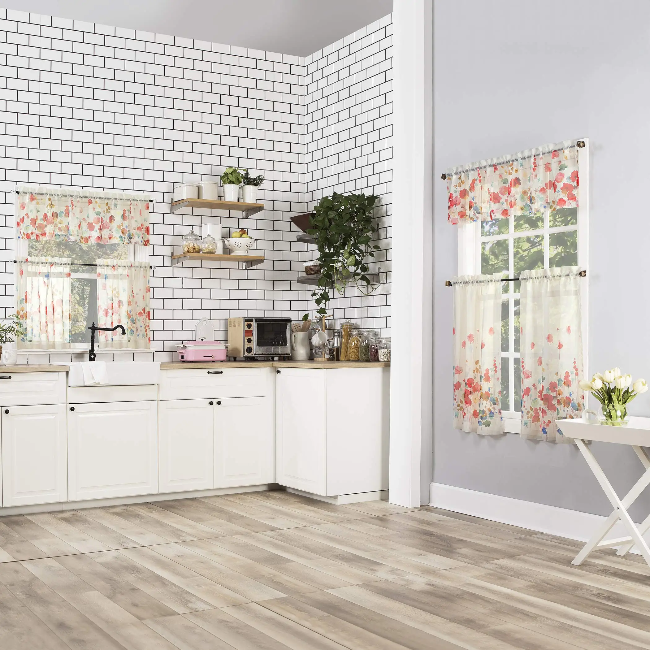 Dandelion Floral Botanical Pattern Semi Sheer 3 Pieces Rod Pocket Kitchen Window Curtain Sets With 2 Tiers