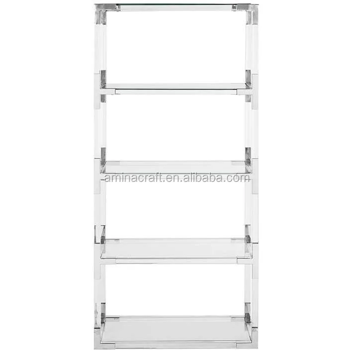 Современный прозрачный акриловый книжный шкаф для дома и офиса с 5 полками и золотым акцентом