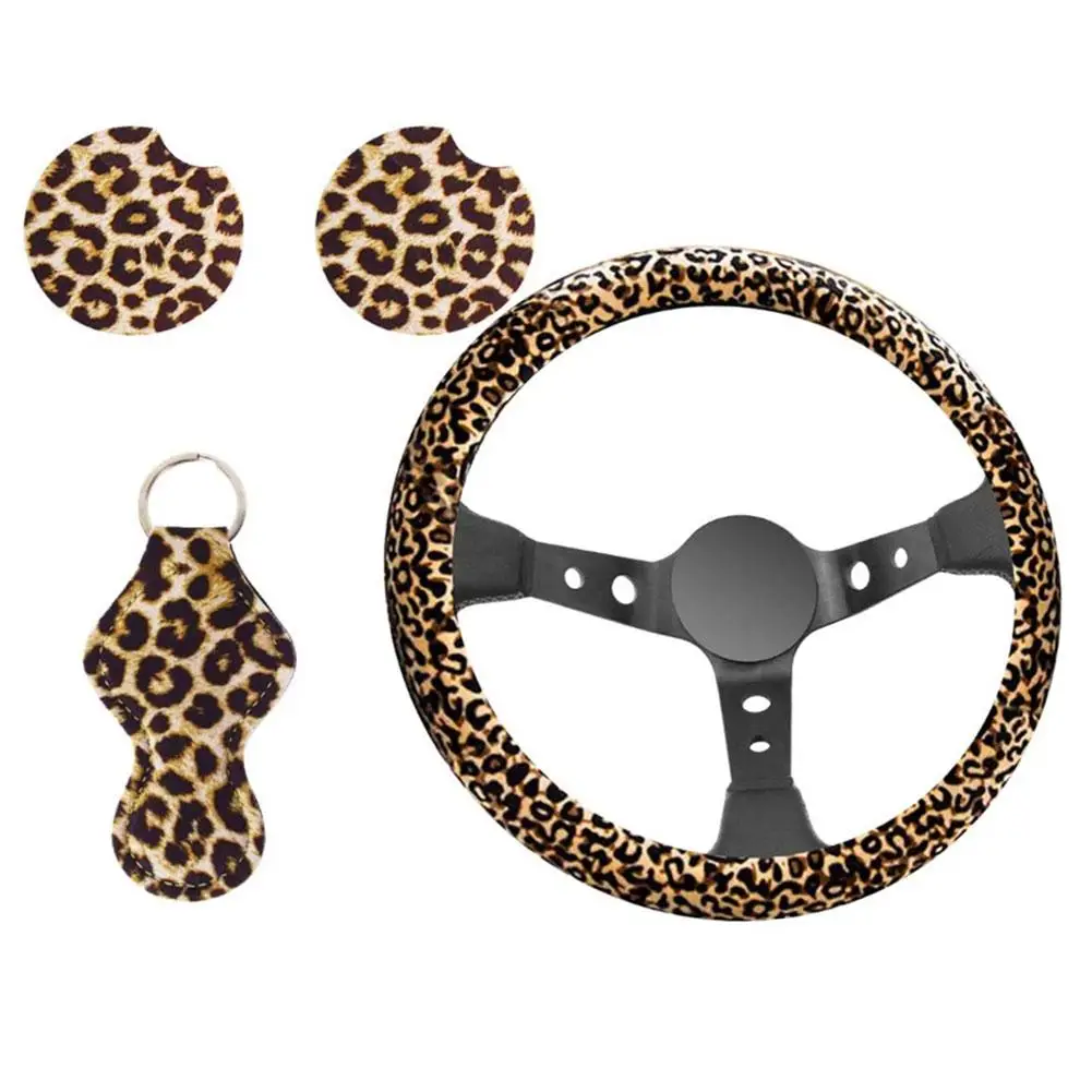 
Auto Steering Wheel Cover Set Waterproof Anti-skid Durable Leopard Print Car Wheel Protector With Key Chain Grip Cover Universal 