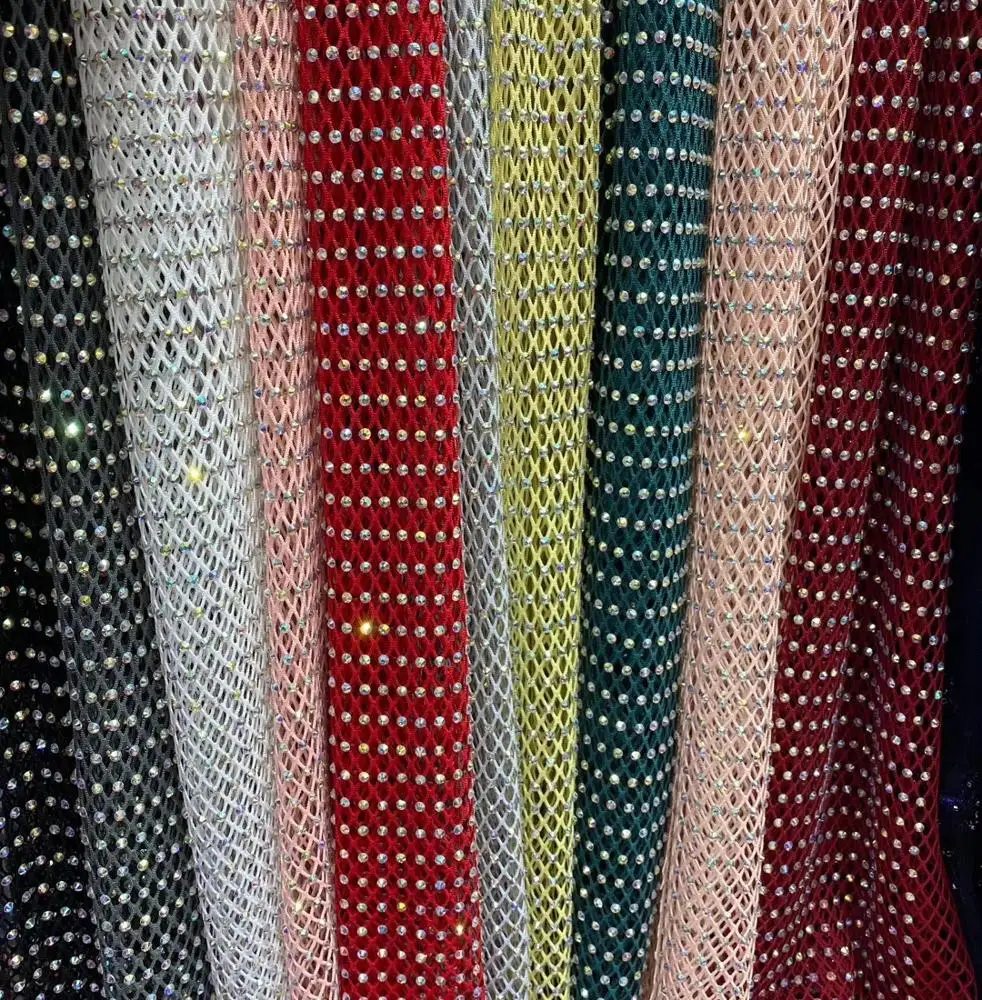 wholesale 3mm elastic rhinestone mesh crystal glass rhinestone gem net fabric