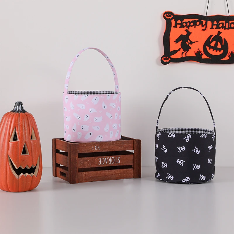 Wholesale Cute Kids Gingham Trick Or Treat Candy Bucket Reversible Ghost Halloween Basket