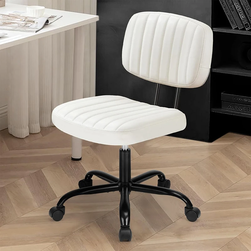 Small Armless Office Chair With Rolling Wheels Low Back Swivel Comfortable White PU Leather Computer Chair
