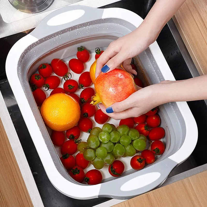 Multifuncional Colador Escurridor Tabla De Cortar Plegable con Bandeja