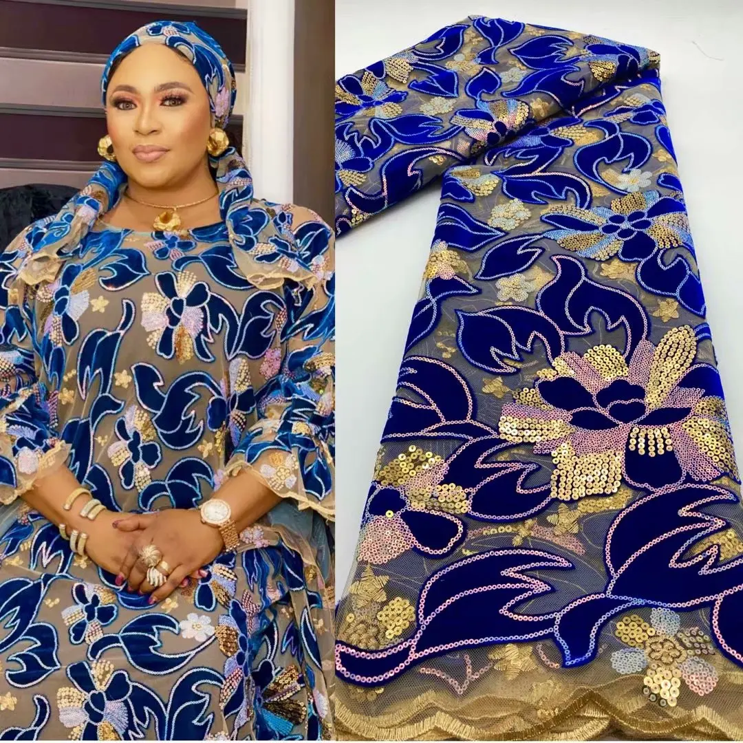 Тюль с кружевом Королевского синего цвета, модная вышитая французская кружевная ткань для невесты