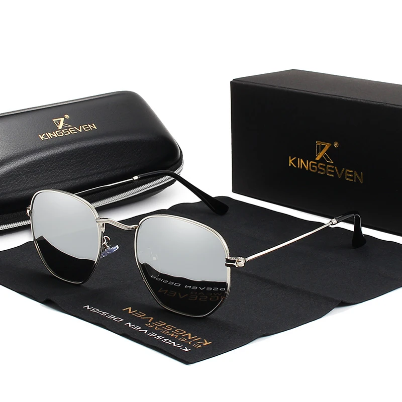 KINGSEVEN Glasses Men Classic Reflective Hexagon Retro Sun Glasses For Men Stainless Steel Eyewear Glasses Women Shades 7548