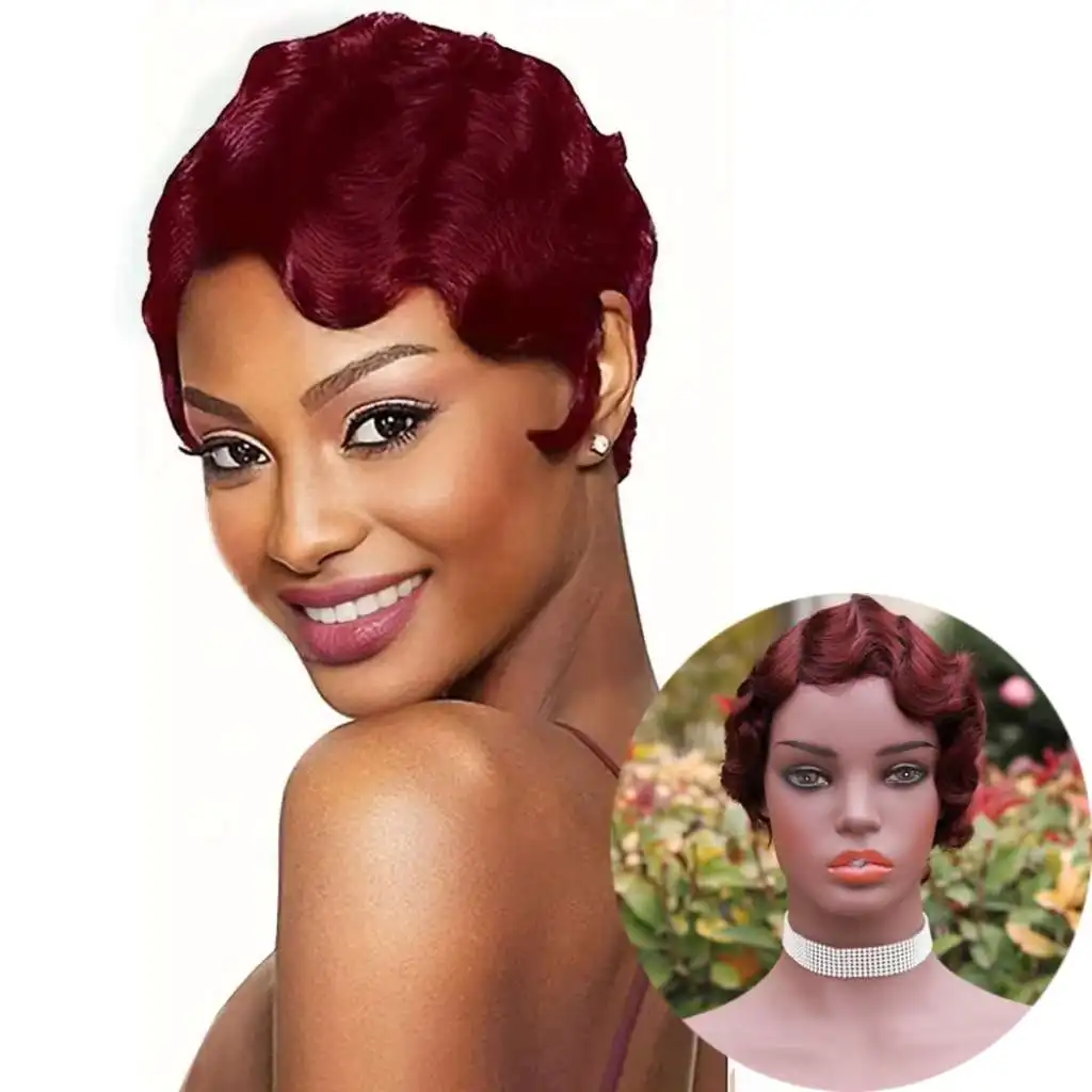 Vigorous Short Curly Cute Glueless Nuna Wigs Pixie Wigs for Women Finger Wave Human Hair Wig Wine Red