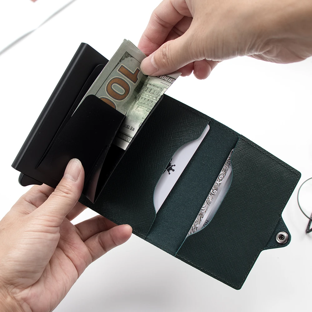 Casekey Fashion Full Grain Saffiano Leather Automatic Wallet Rfid Safe Anti Theft Popup Credit Card Holder Tarjetero for Women