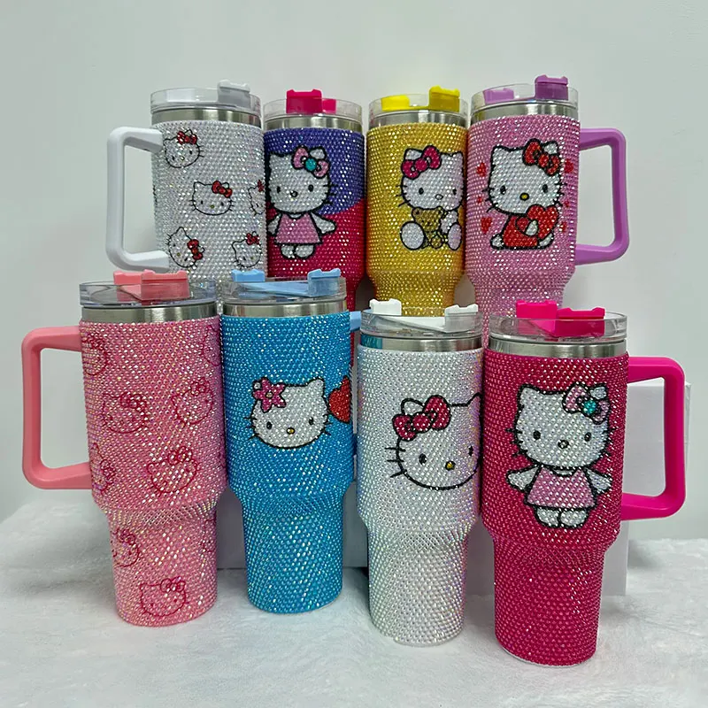 Personalised Custom Beautiful Rhinestone Cup Sanrioed Kitty Stainless Steel Tumbler Thermal Water Bottle With Straw