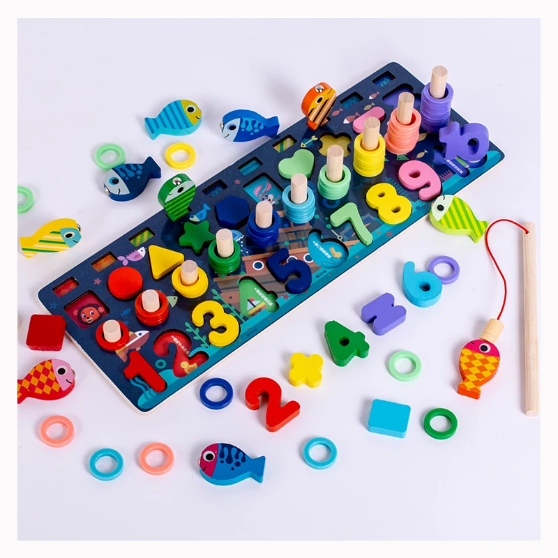 3D Wooden Blocks 4 in 1 Digital Logarithmic Plate Toy  Montessori fishing board Toys