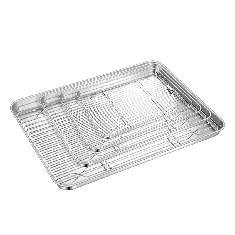 Korean variety size restaurant steaming metal rectangle stainless steel non stick pizza baking oven tray plate sets with rack
