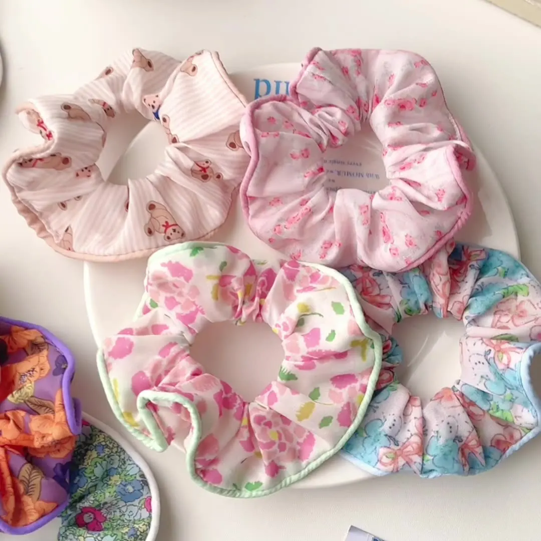 Popular girls  floral elastic rubber hairband princess sweet hair ties  ponytail holder Girls elegant flower hair scrunchies