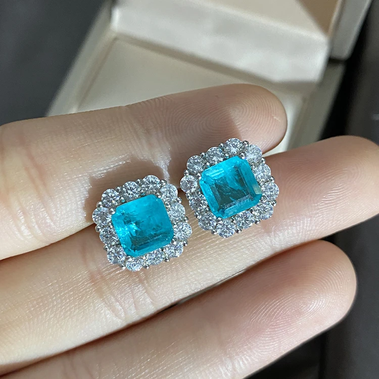 Silver Jewelry 925 Paraiba Square Crystal Paved Ear Tragus Stud Earrings Xmas Gift