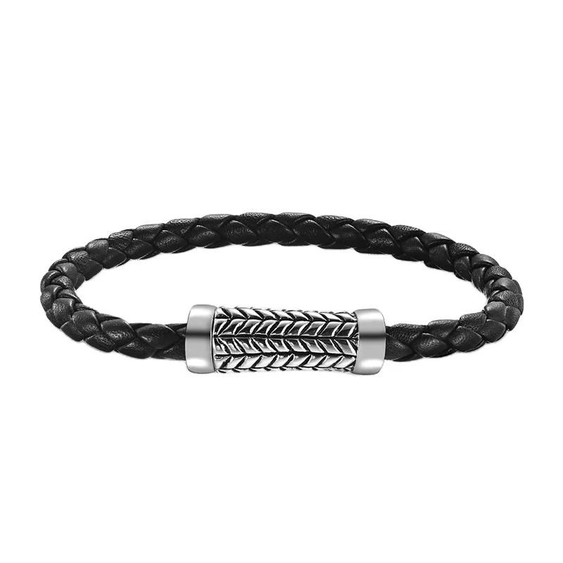 Factory Direct Sale Men Jewelry Twist Braided Leather Chains Bangles Stainless Steel Geometric Pattern Buckle Bracelets For Man