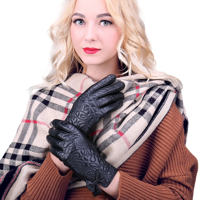 Customized WS2012 Ladies leather glove windproof fashion anti slip screen touch training driving sheepskin Women leather gloves