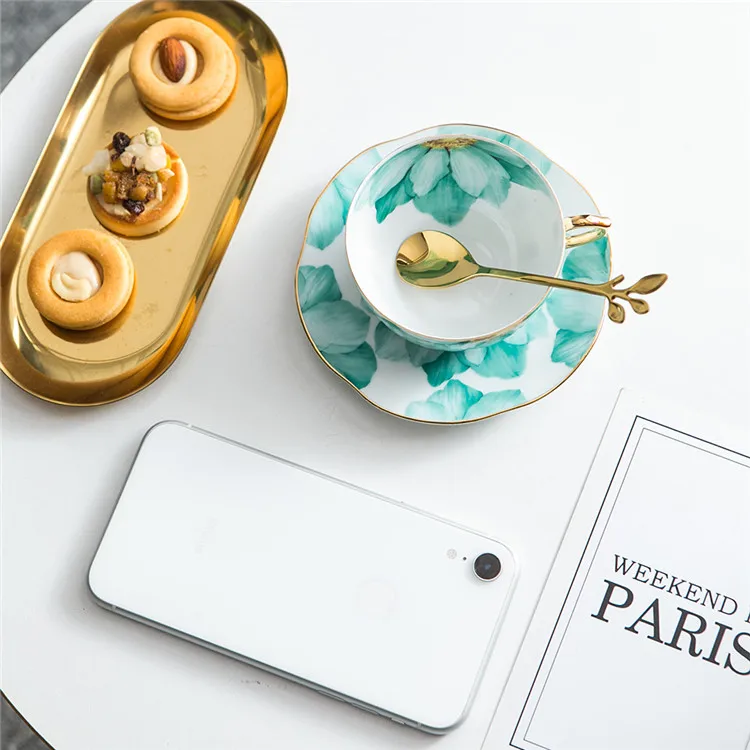 Kitchen & Tabletop Luxury Handmade Gold Handle Flower Latte Coffee Cup Afternoon Tea Cups and Saucers Ceramic Cup with Spoon