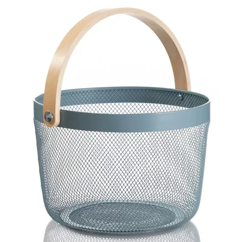 Home Storage Baskets Kitchen Bath Toy Metal Organizer Wire Mesh Fruit Storage Basket With Wooden Handle